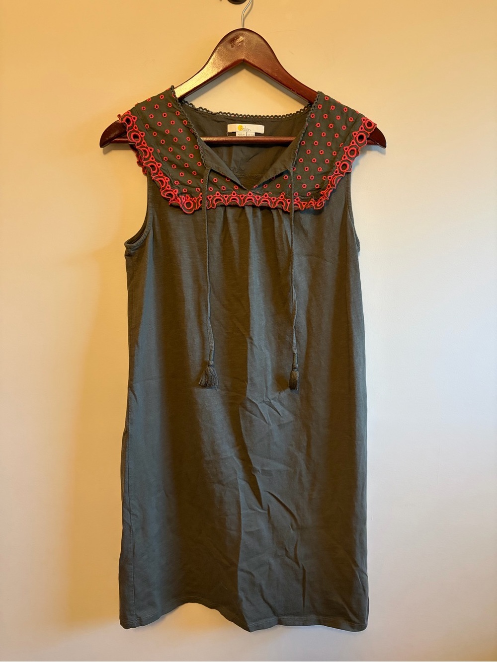 Boden Olive Green Sleeveless Dress with Pink-Embroidered Collar